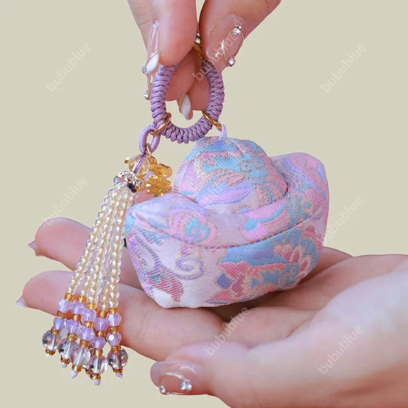 Song Brocade Ingot-Shaped Lucky Sachet Pendant With Rice Bead Tassels