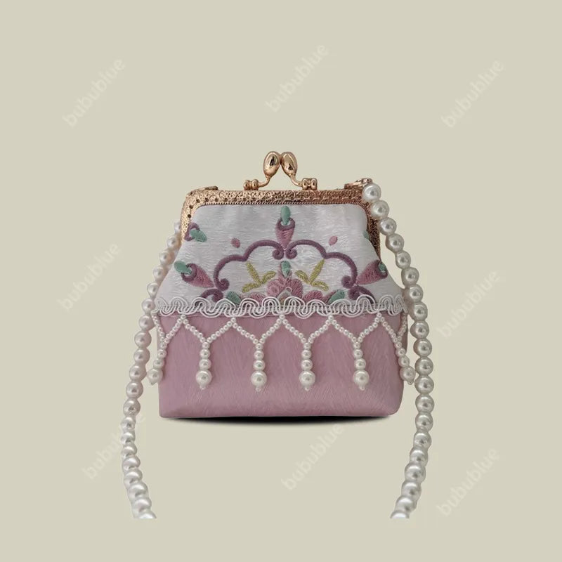 Pearl Tassel Embroidered Lace Vintage Mini Kiss Lock Coin Purse