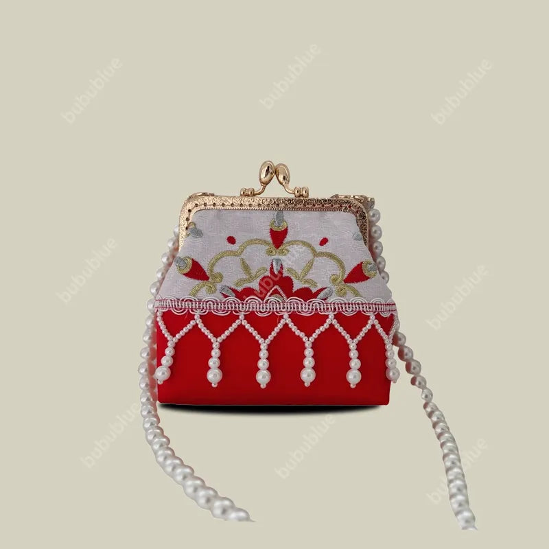 Pearl Tassel Embroidered Lace Vintage Mini Kiss Lock Coin Purse