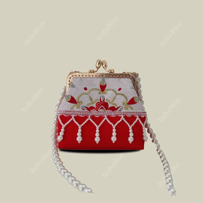 Pearl Tassel Embroidered Lace Vintage Mini Kiss Lock Coin Purse