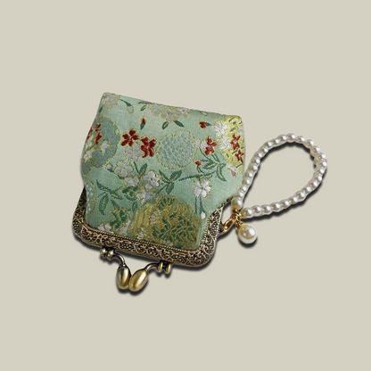 Pomegranate Blossom Brocade Coin Purse with Pearl Handle