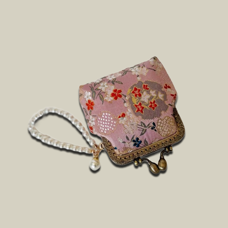 Pomegranate Blossom Brocade Coin Purse with Pearl Handle