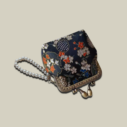 Pomegranate Blossom Brocade Coin Purse with Pearl Handle