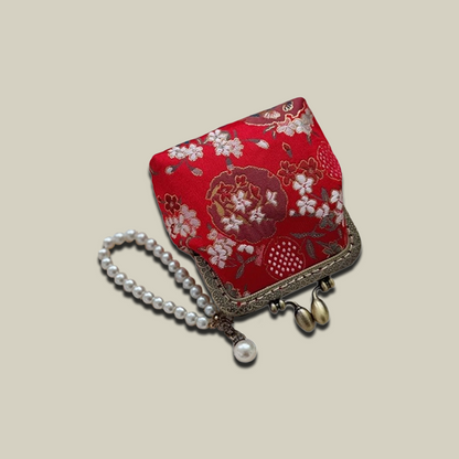 Pomegranate Blossom Brocade Coin Purse with Pearl Handle