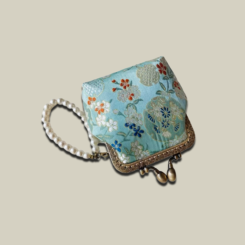 Pomegranate Blossom Brocade Coin Purse with Pearl Handle