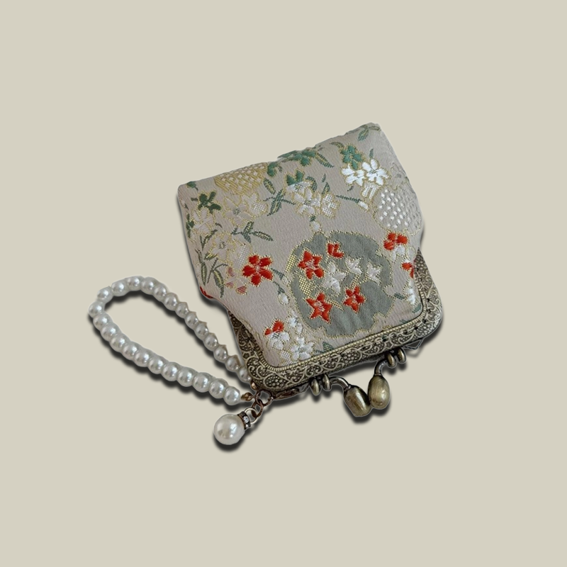 Pomegranate Blossom Brocade Coin Purse with Pearl Handle