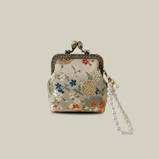 Pomegranate Blossom Brocade Coin Purse with Pearl Handle