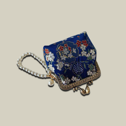 Pomegranate Blossom Brocade Coin Purse with Pearl Handle