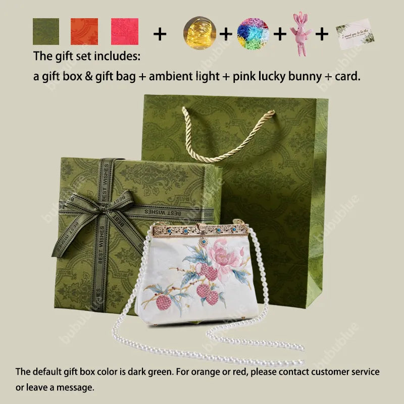 Vintage Lychee Embroidered Satin Handbag with Metal Beads