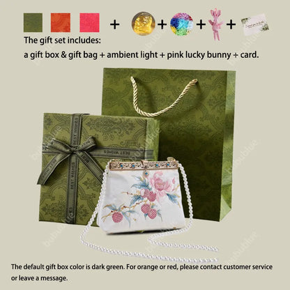 Vintage Lychee Embroidered Satin Handbag with Metal Beads