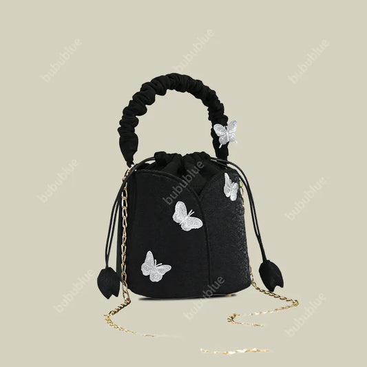 Black Butterfly Embroidered Vintage Bucket Bag Crossbody