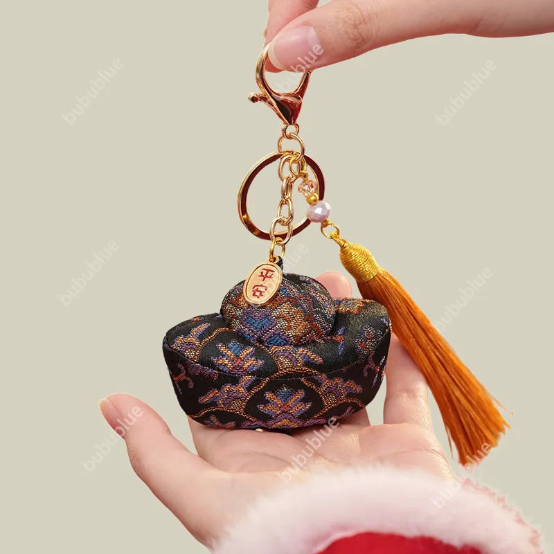 Song Brocade Ingot-Shaped Lucky Sachet Pendant With Rice Bead Tassels