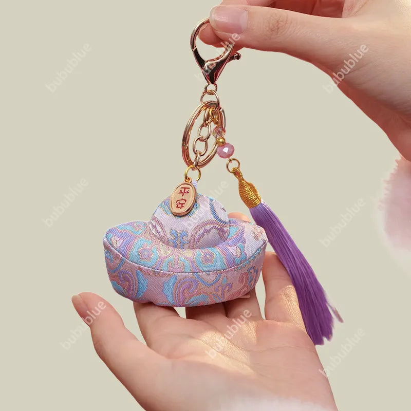 Song Brocade Ingot-Shaped Lucky Sachet Pendant With Rice Bead Tassels