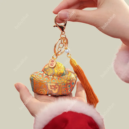 Song Brocade Ingot-Shaped Lucky Sachet Pendant With Rice Bead Tassels