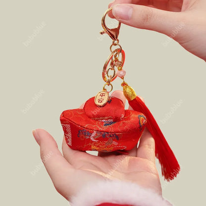 Song Brocade Ingot-Shaped Lucky Sachet Pendant With Rice Bead Tassels