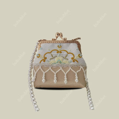 Pearl Tassel Embroidered Lace Vintage Mini Kiss Lock Coin Purse