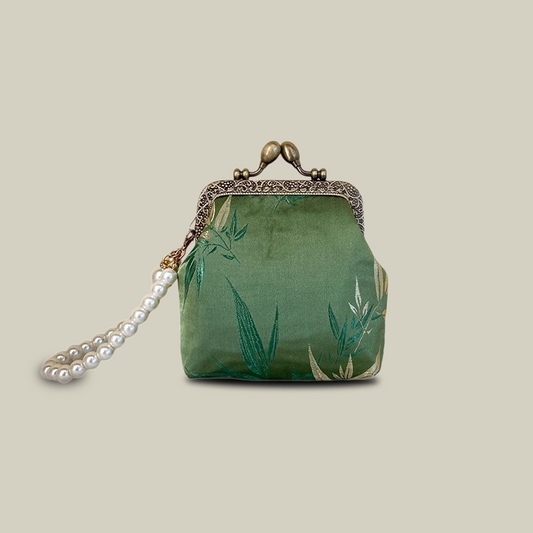 Bamboo Print Mini Coin Purse with Pearl Handle