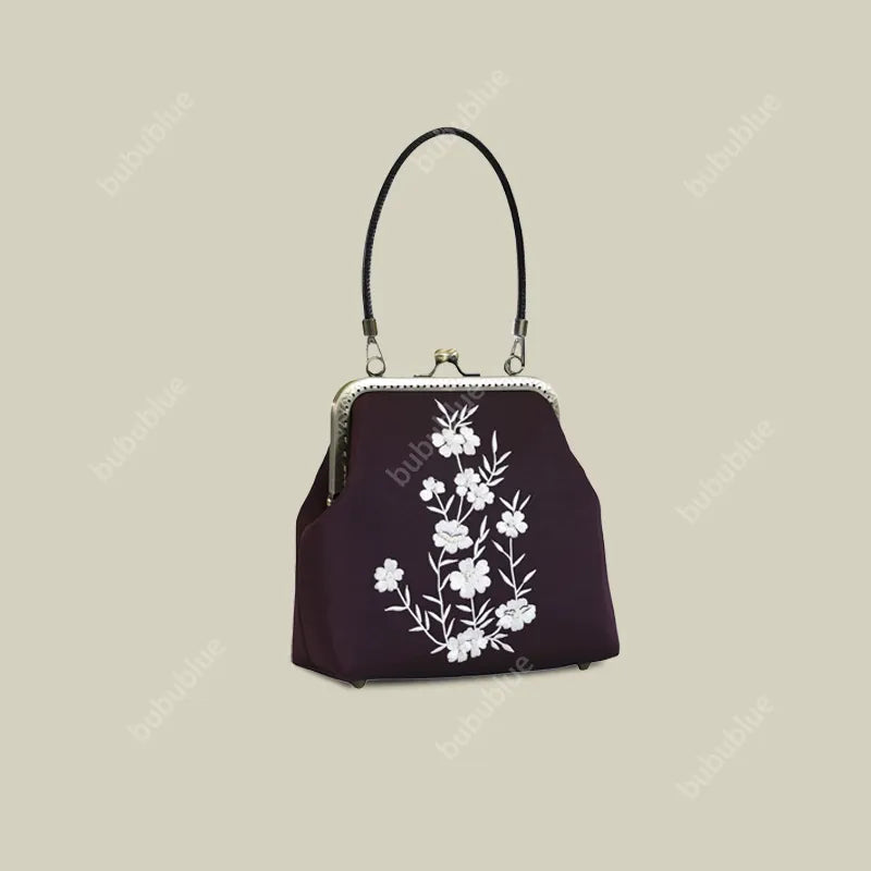 Milk Silk White Nightshade Embroidered Small Square Bag With Leather Handle