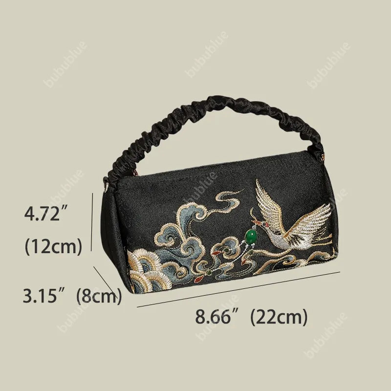 Black Crane Embroidered Handmade Evening Bag