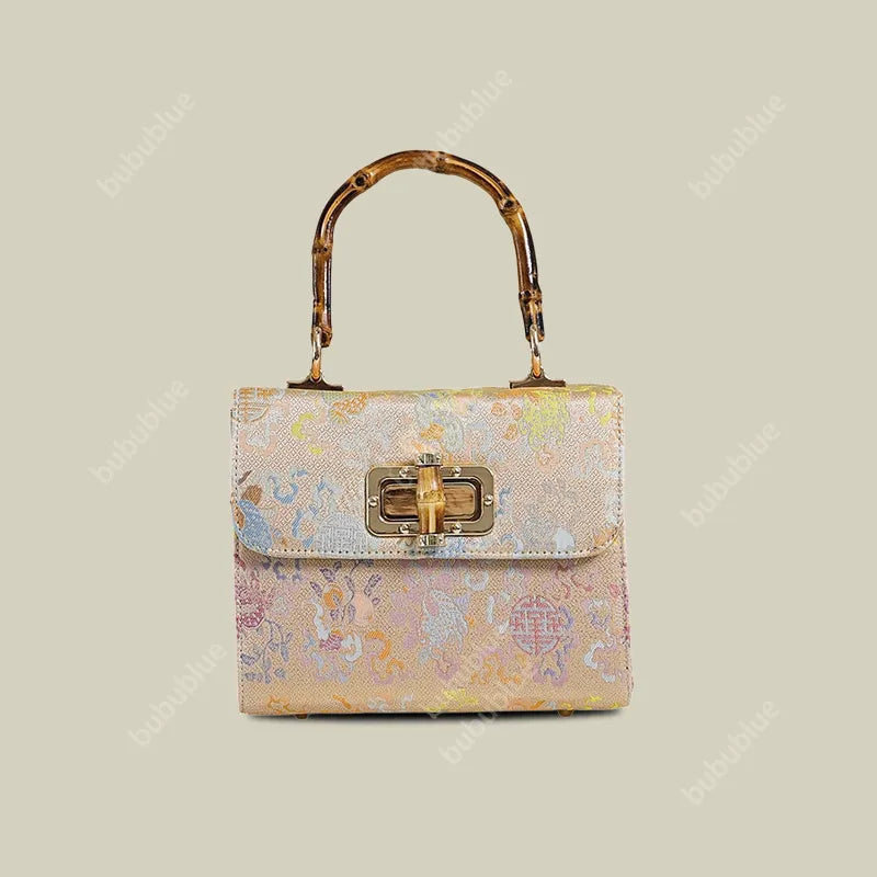 Gold Brocade Square Clutch Box with Bamboo Handle
