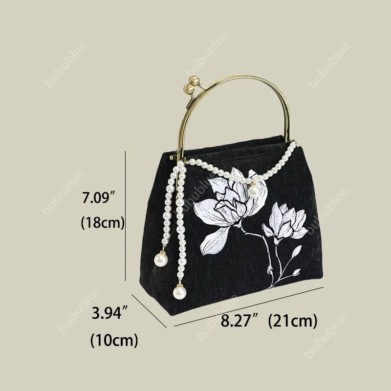 Black Lotus Embroidered Evening Bag with Pearl Trim Kiss Lock