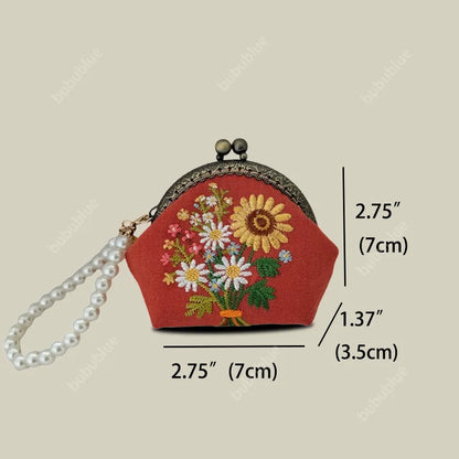 Vintage Handmade Floral Embroidered Mini Shell Kiss Lock Coin Purse