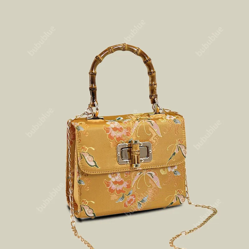 Gold Brocade Square Clutch Box with Bamboo Handle