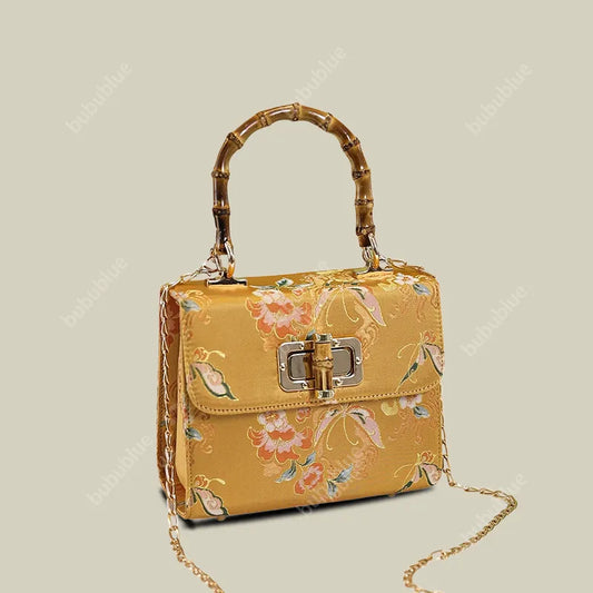 Gold Brocade Square Clutch Box with Bamboo Handle