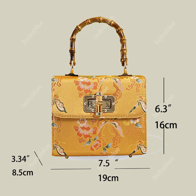 Gold Brocade Square Clutch Box with Bamboo Handle
