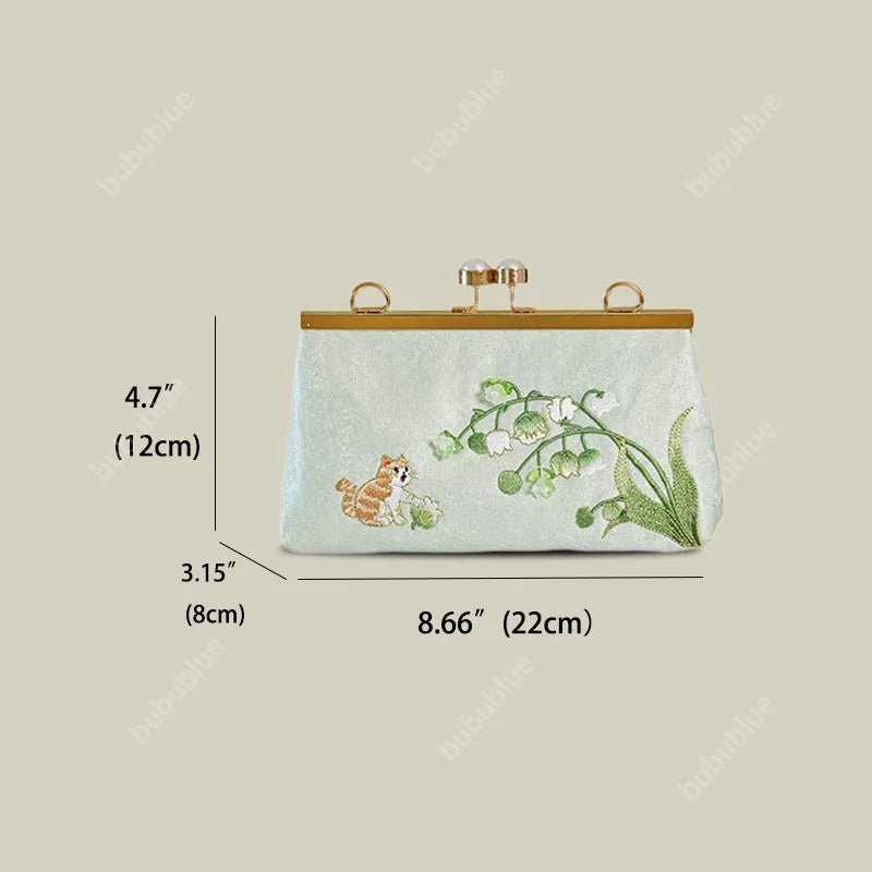 Vintage Lily of the Valley Embroidery Clutch Bag with Pearl Kiss Lock