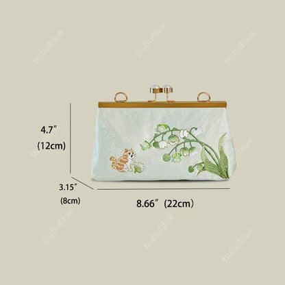 Vintage Lily of the Valley Embroidery Clutch Bag with Pearl Kiss Lock
