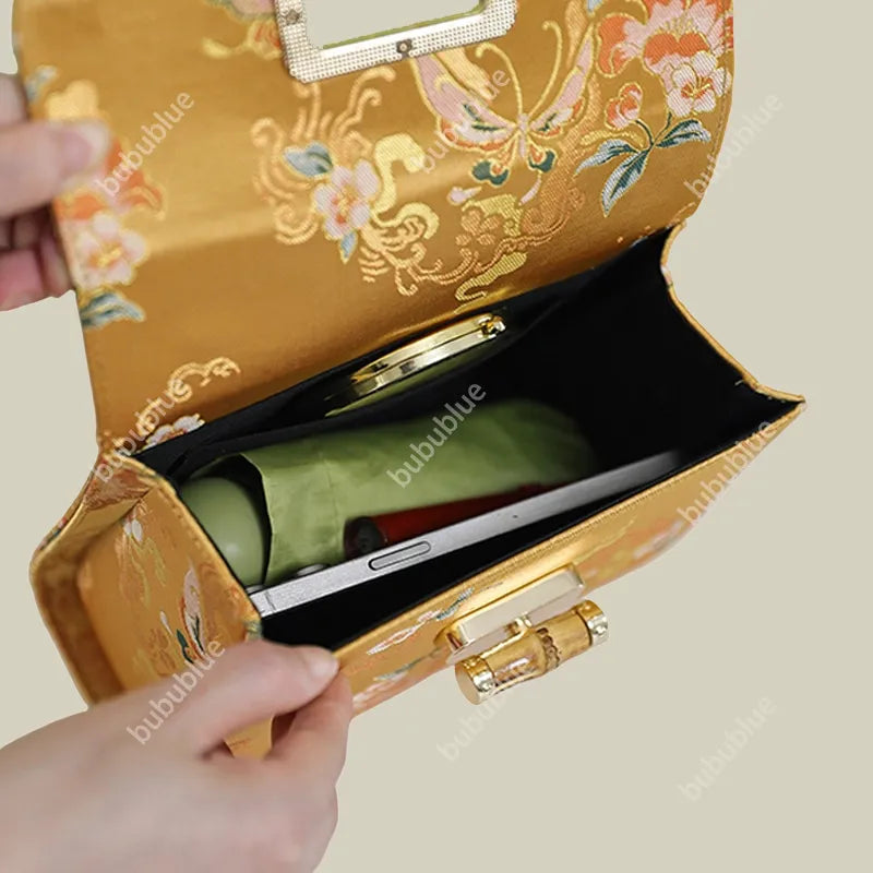 Gold Brocade Square Clutch Box with Bamboo Handle
