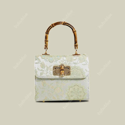 Gold Brocade Square Clutch Box with Bamboo Handle
