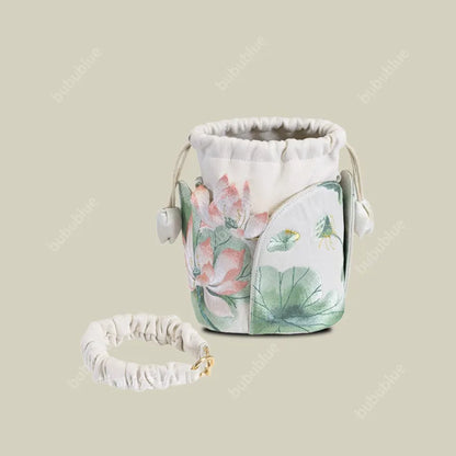 Lotus Embroidered Vintage Drawstring Green Bucket Bag with Soft Handle