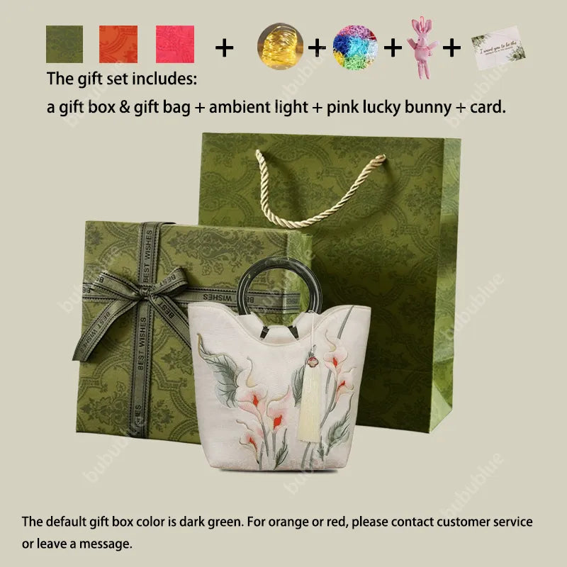 Calla Lily Embroidered Tote Bag with Vintage Green Acrylic Handle