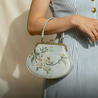 Vintage Pear Blossom Embroidered Shell Handbag with Kiss Lock
