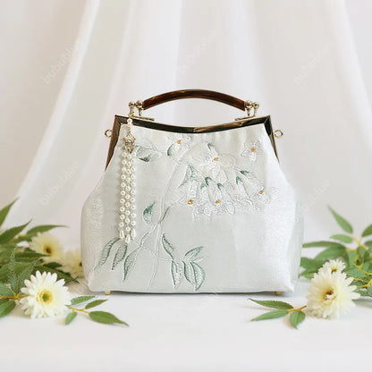 White Pear Blossom Embroidered Kiss Lock Clutch with Pearl Tassel