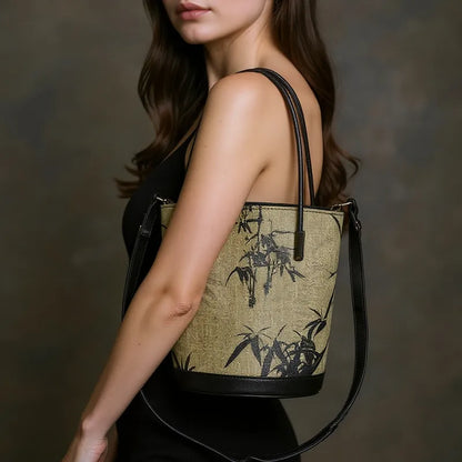 Ink Bamboo Leaf Printed Green Bucket Bag with Leather Strap