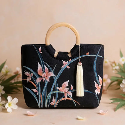 Large Capacity Orchid Bloom Embroidered Tote Bag with Acrylic Handle