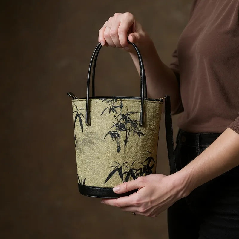 Ink Bamboo Leaf Printed Green Bucket Bag with Leather Strap