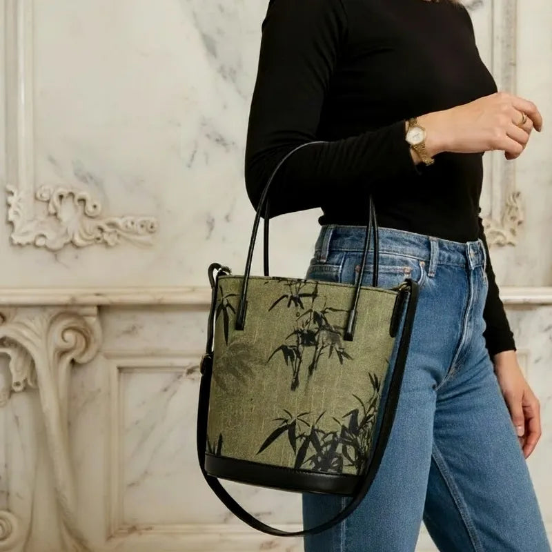 Ink Bamboo Leaf Printed Green Bucket Bag with Leather Strap