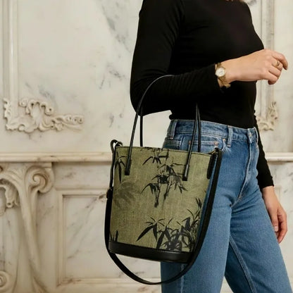 Ink Bamboo Leaf Printed Green Bucket Bag with Leather Strap