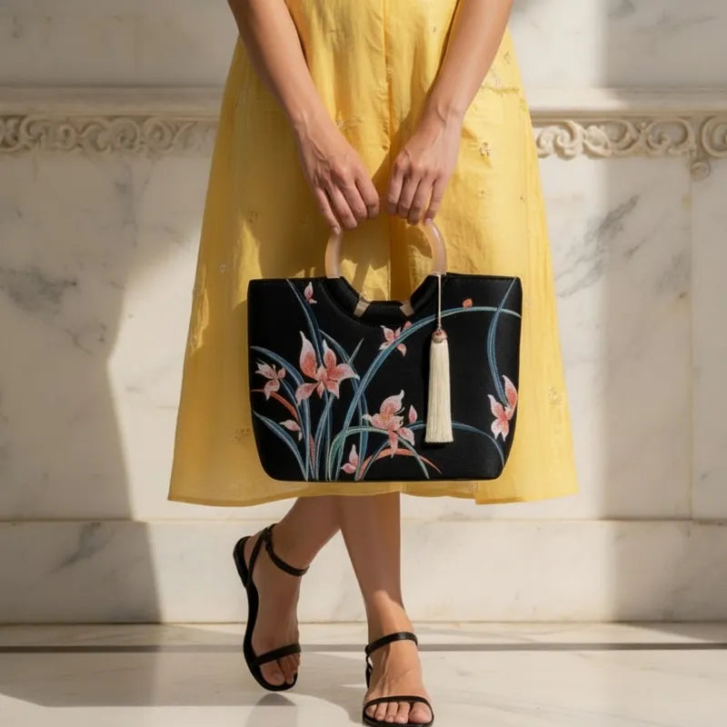 Large Capacity Orchid Bloom Embroidered Tote Bag with Acrylic Handle