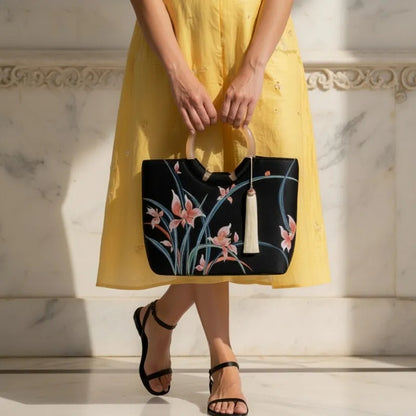 Large Capacity Orchid Bloom Embroidered Tote Bag with Acrylic Handle