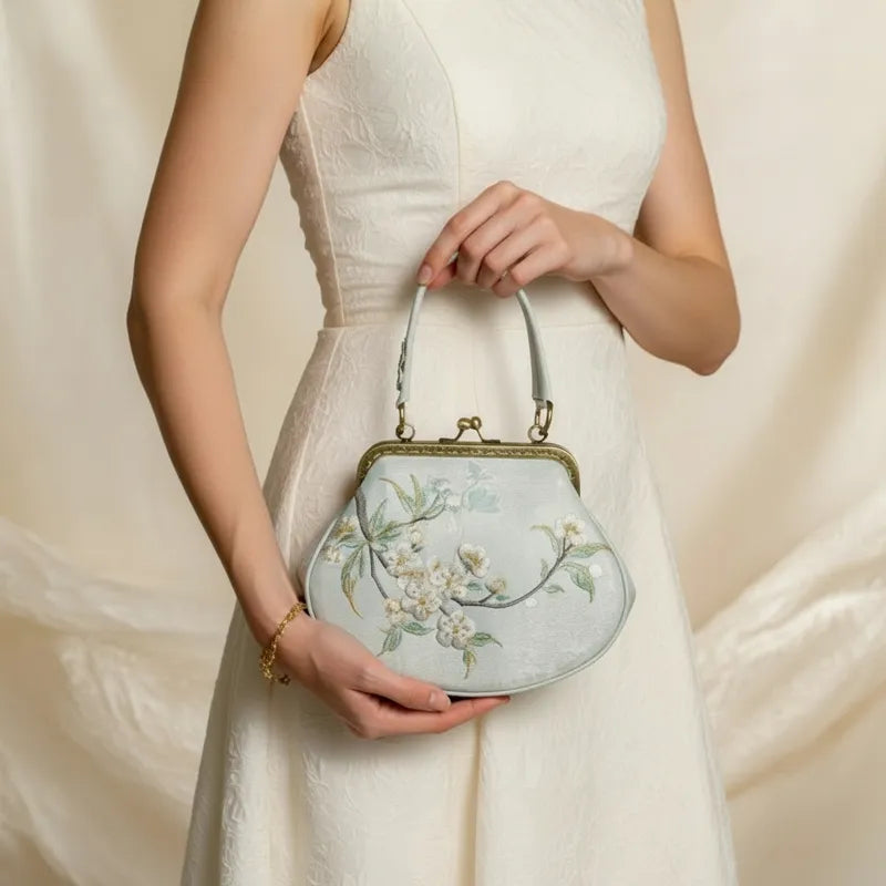 Vintage Pear Blossom Embroidered Shell Handbag with Kiss Lock