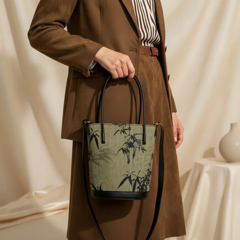 Ink Bamboo Leaf Printed Green Bucket Bag with Leather Strap