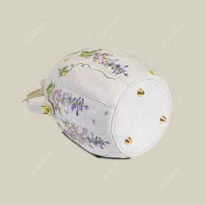 Wisteria Embroidered Drawstring Bucket Bag in Cream Satin