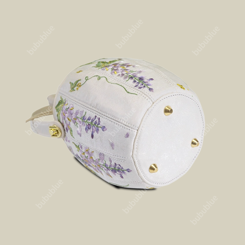 Wisteria Embroidered Drawstring Bucket Bag in Cream Satin