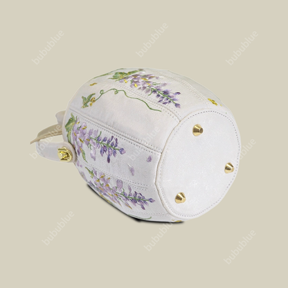 Wisteria Embroidered Drawstring Bucket Bag in Cream Satin