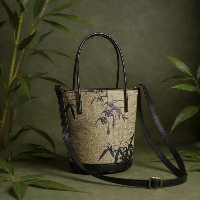 Ink Bamboo Leaf Printed Green Bucket Bag with Leather Strap